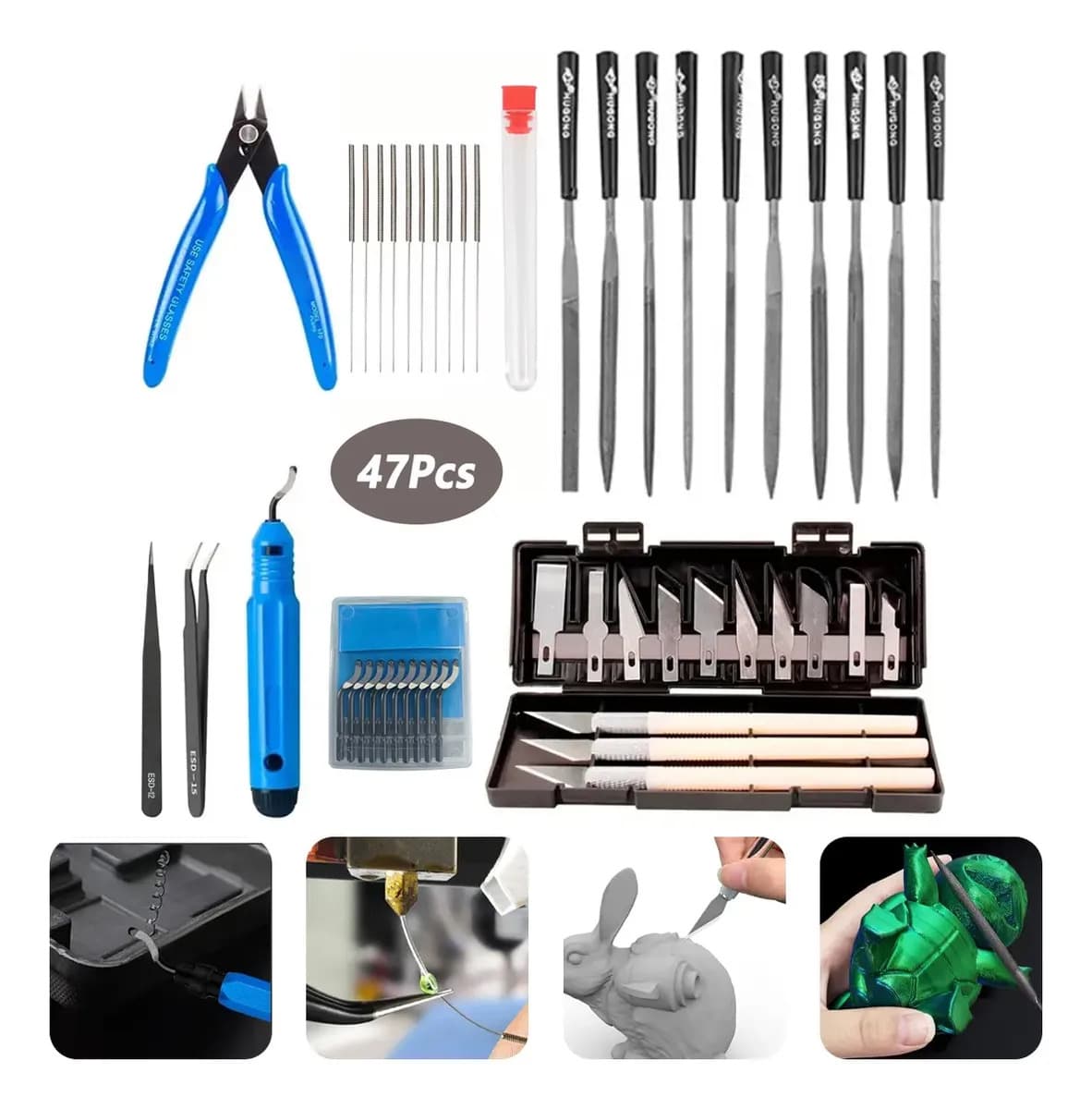 Kit 47 De Acessorios Ferramentas Completo Para Impressão 3d Manuais Orginal Novo Estilete Pinças Agulha Inox Agulhas De Limpeza De Bico Alicate Para Bambu Labs 0.2/0.25/0.3/0.35/0.4mm Acabamento